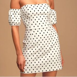 Never worn white and black polka dot off the shoulder dress